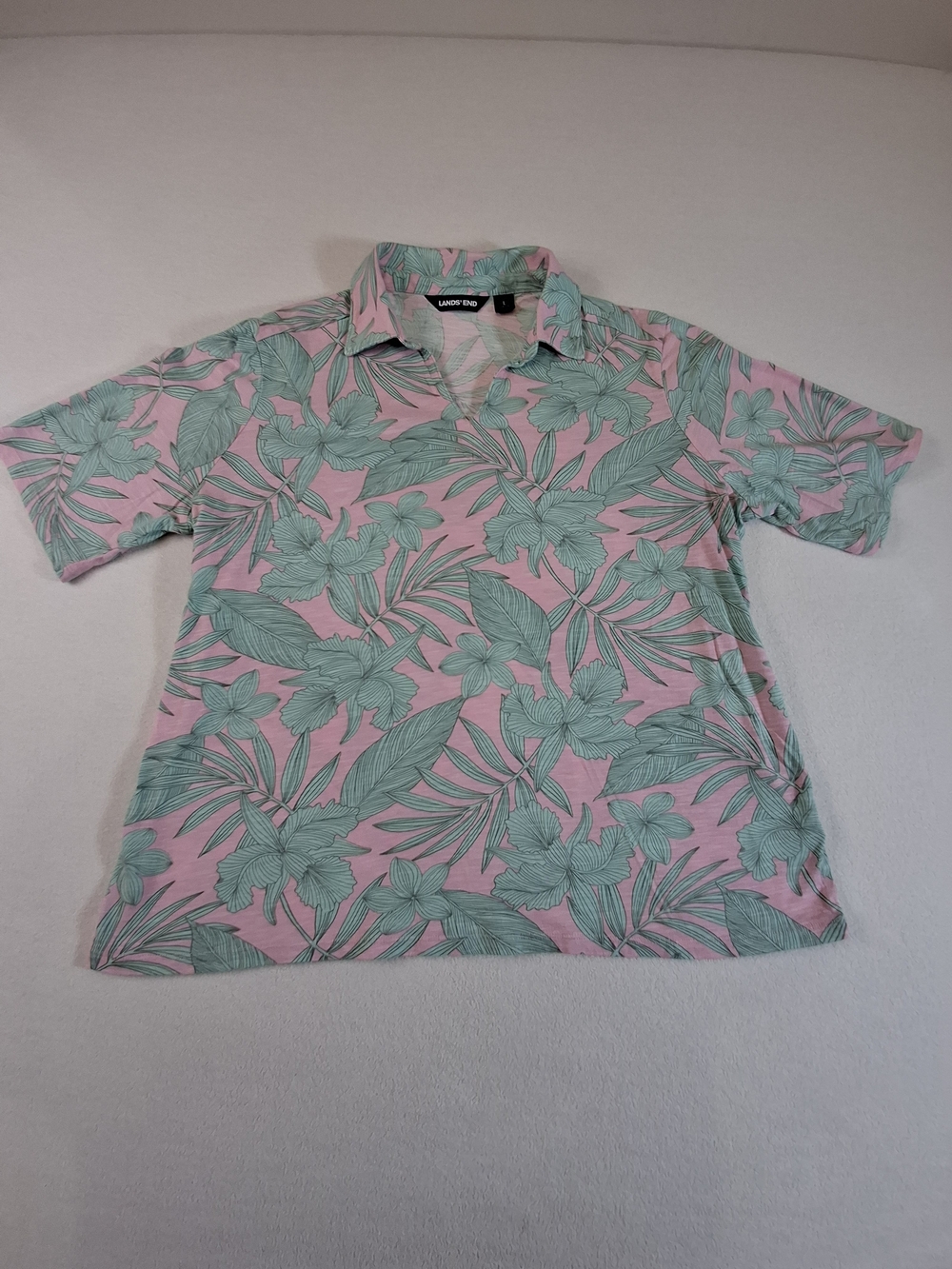 Lands' End Womens Size M  Pink Polo with Mint Green Tropical Print